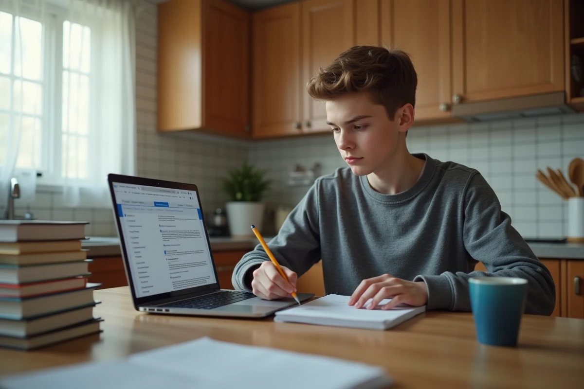 Adolescent en classe de seconde comparant ses notes sur ordinateur et ses cahiers pour évaluer sa moyenne scolaire à la maison