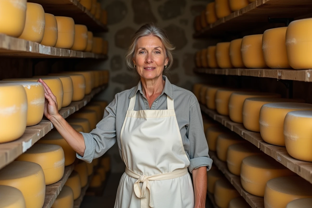 Affineur française en tablier blanc inspectant une meule de fromage dans une cave d'affinage traditionnelle en pierre, entourée de rangées de fromages en cours de maturation