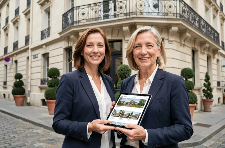 Agent immobilière devant un immeuble haussmannien à Paris tenant une tablette avec des annonces immobilières