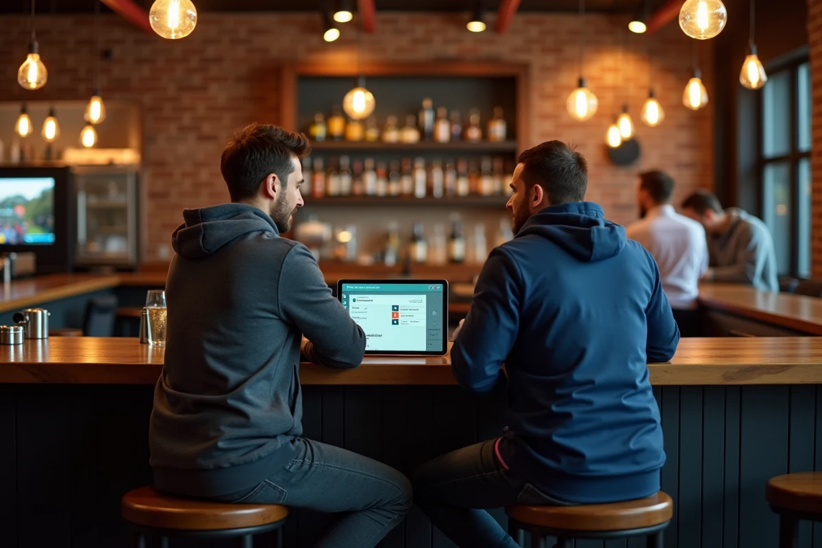 Deux amis regardant un match de football en streaming sur une tablette dans un bar sportif