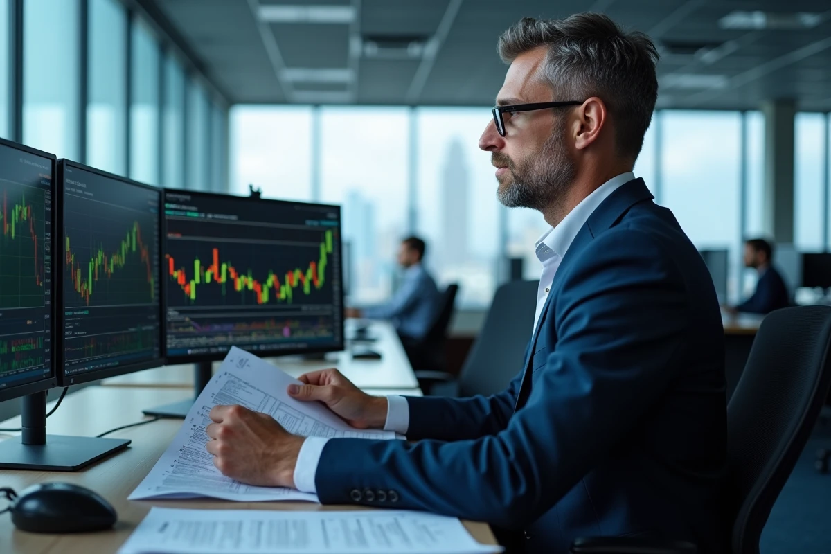 Analyste financier examinant les graphiques de performance de l'action Airbus sur plusieurs écrans de trading dans un bureau financier moderne