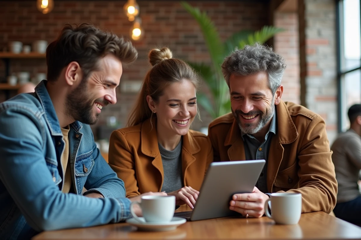 Groupe d'utilisateurs discutant des avis sur Autofantom autour d'une tablette dans un café