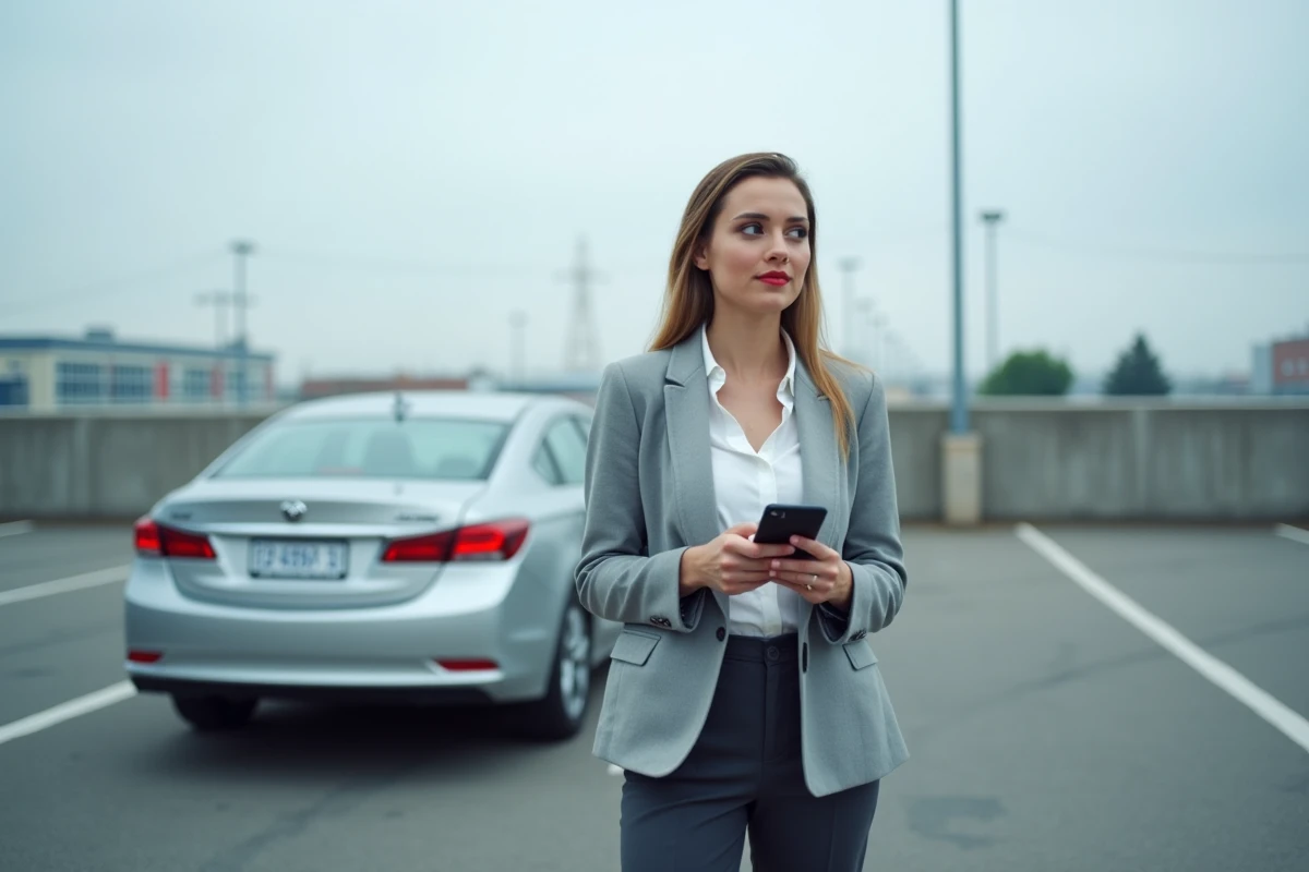 Femme consultant l'application Autofantom près de sa voiture, retour d'expérience utilisateur