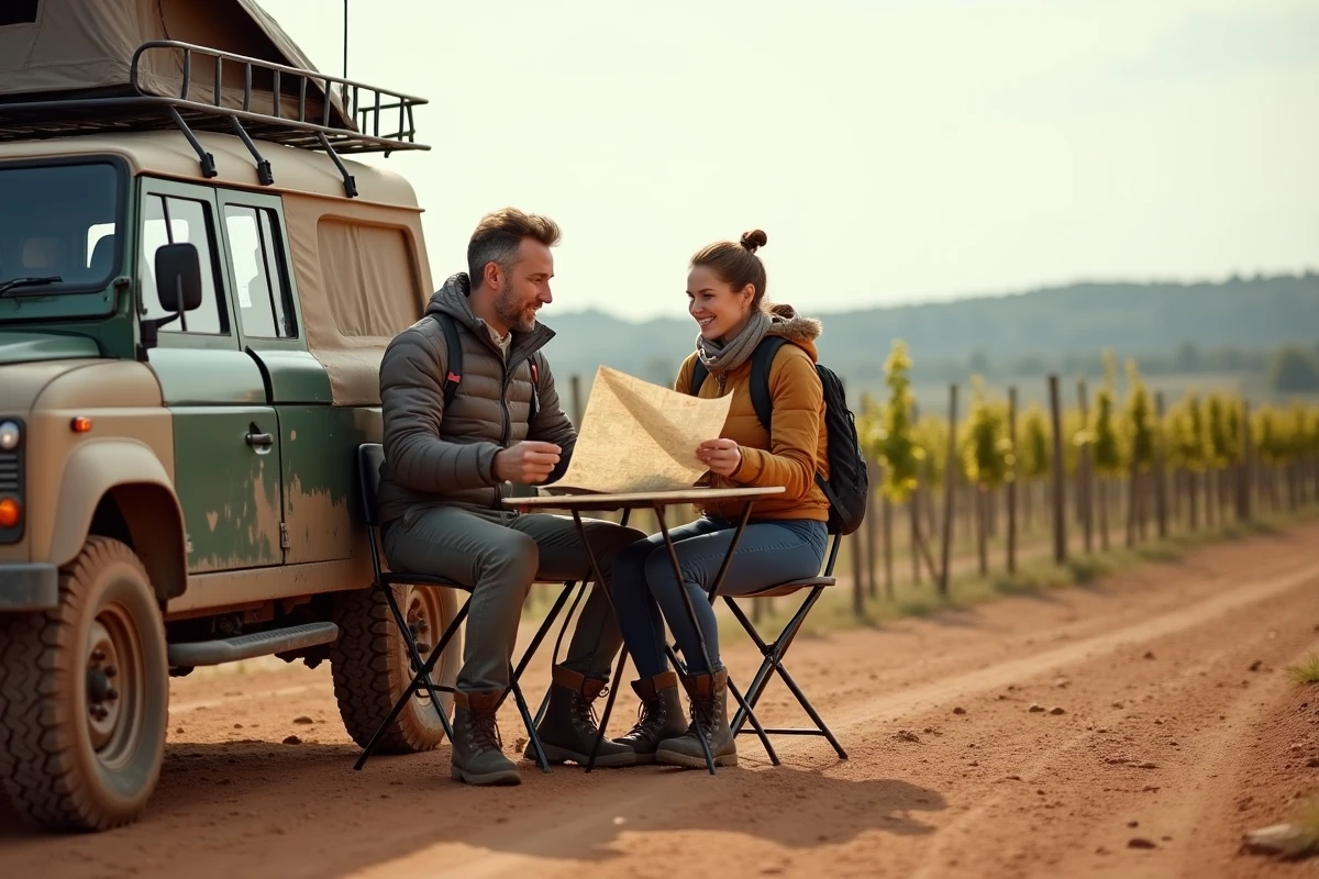 Couple consultant une carte topographique installé en bivouac sur une parcelle viticole agricole en France