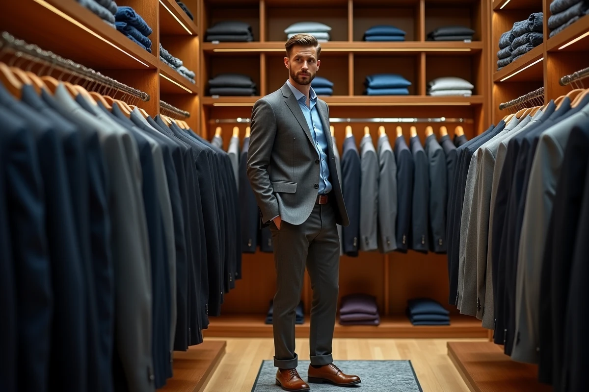 Homme en costume gris Anthony Garçon dans une boutique de costumes sur mesure à Lyon Presqu'île