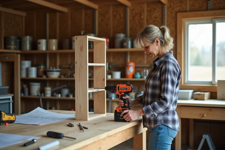 Femme bricolant dans son atelier avec perceuse et outils