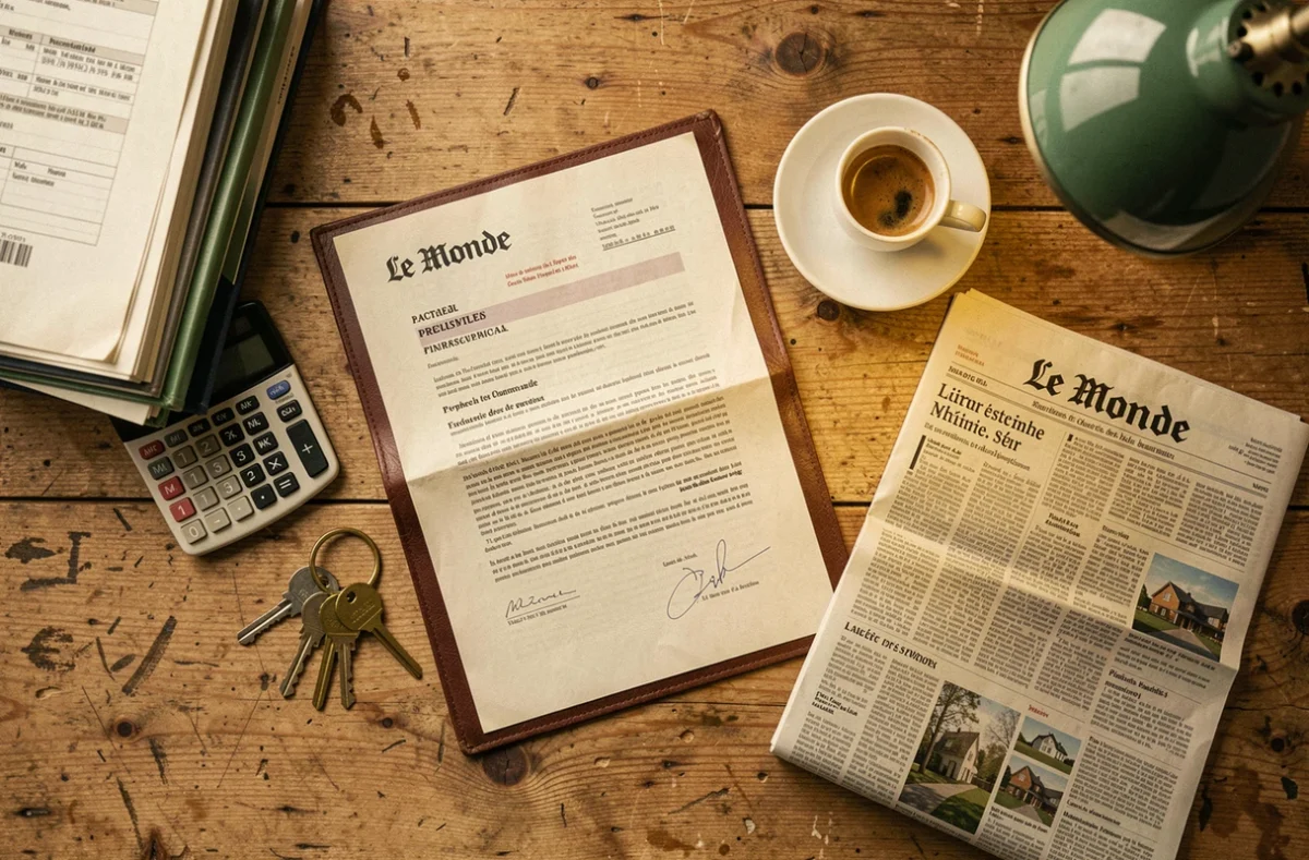 Vue aérienne d'un bureau avec acte de vente immobilier, clés de maison et documents notariaux en France