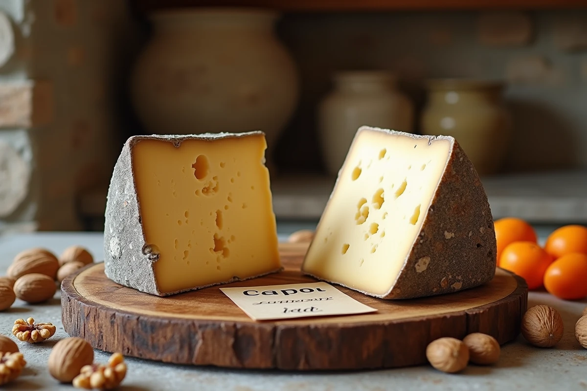 Deux morceaux de fromage français côte à côte sur une planche en bois rustique : le Cantal à croûte grise et la pâte dorée du Comté, dans une cuisine de ferme en pierre