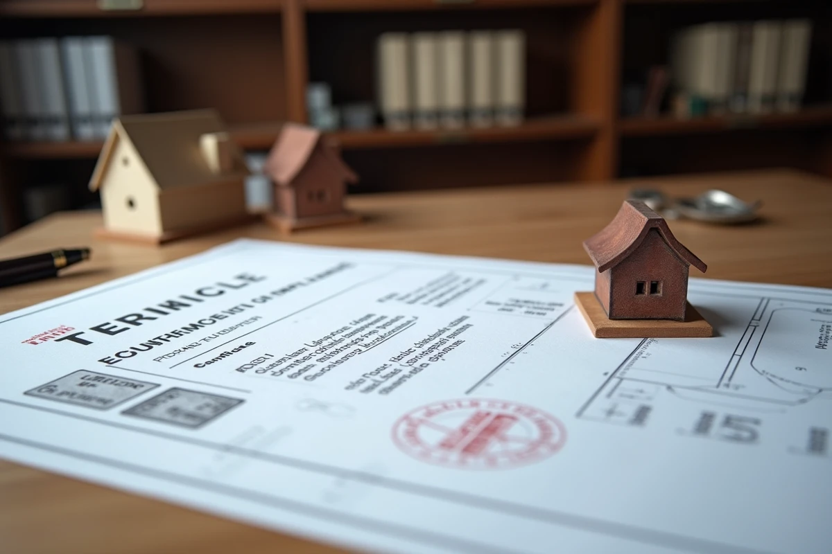 Gros plan d'un certificat de conformité officiel pour une maison posé sur un bureau administratif avec plan et stylo