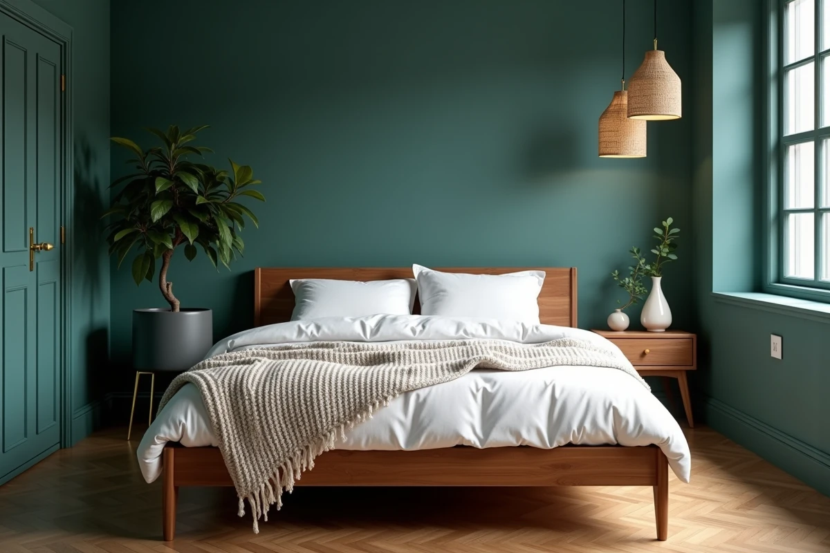 Chambre moderne au mur teal avec lit en noyer, linge blanc en coton bio et suspension en rotin tendance