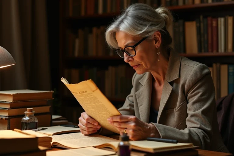 Chercheuse examinant une page manuscrite détachée dans une salle d'archives historique