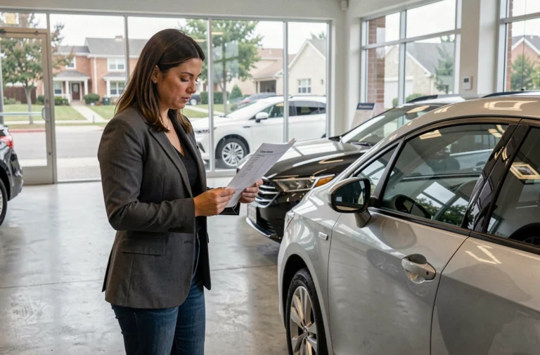 Femme comparant les caractéristiques d'une voiture dans une concession automobile moderne