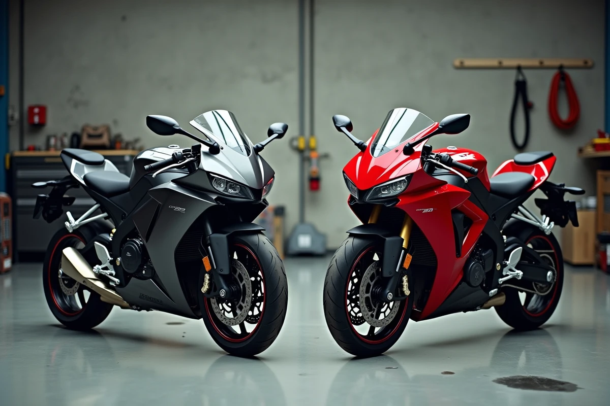 Comparaison côte à côte des Honda CBR1000F SC24 et SC25 dans un atelier moto, mettant en évidence les différences de design entre les deux générations