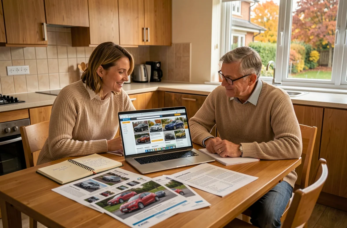 Couple comparant des modèles de voitures en ligne à domicile avant d'acheter