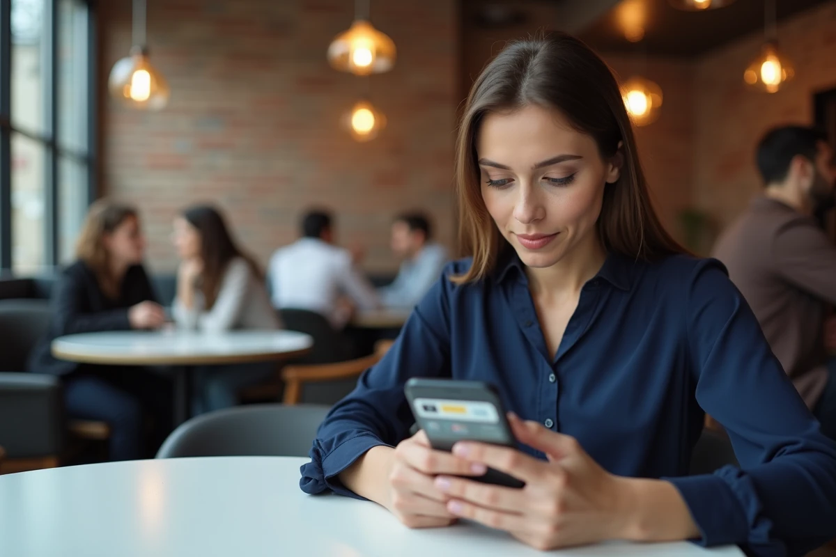Femme utilisant une application convertisseur YouTube MP4 sur smartphone dans un café urbain