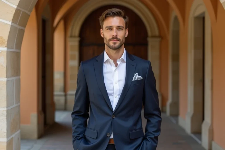 Homme en costume bleu marine ajusté Suitsupply posant dans une traboule lyonnaise aux murs en pierre ocre