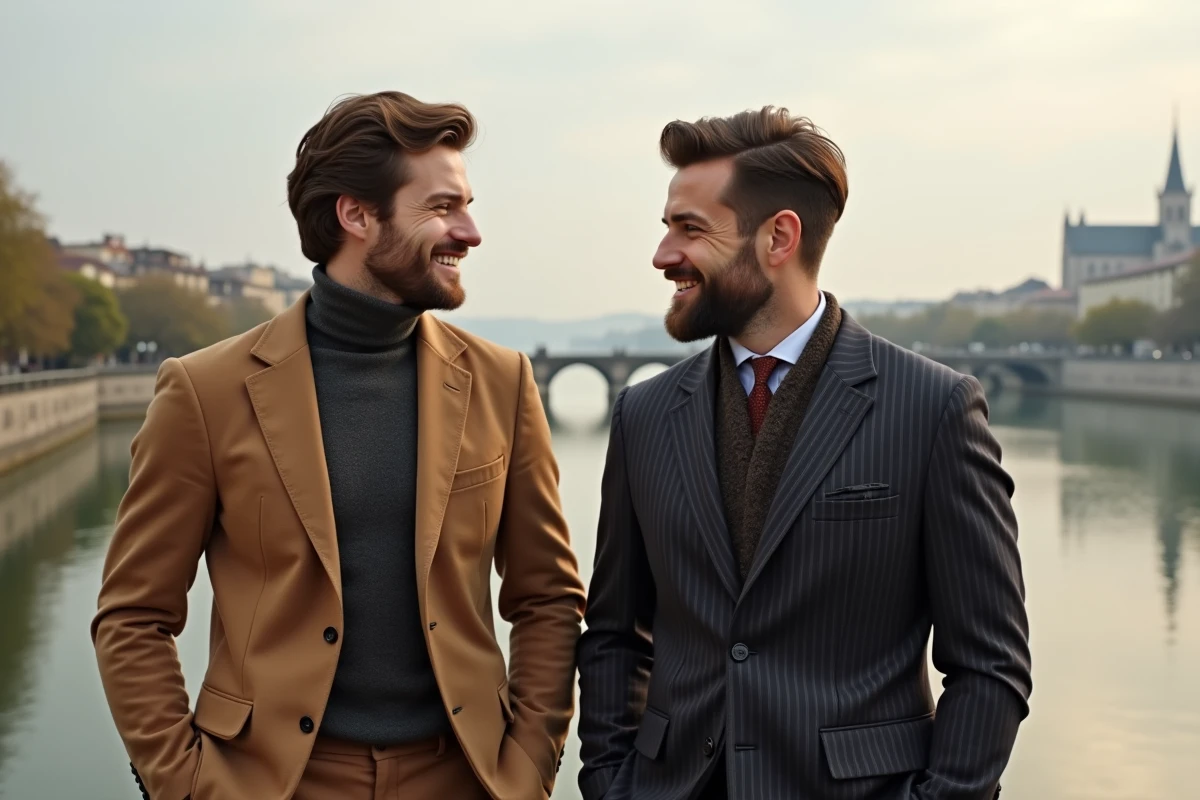 Deux hommes en costumes élégants Suitsupply et Anthony Garçon sur les quais de Saône à Lyon avec la basilique de Fourvière en arrière-plan