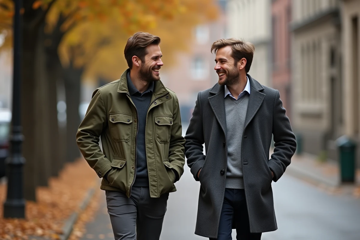 Deux hommes complices marchant ensemble dans une rue arborée en automne, évoquant une relation de couple discrète et naturelle en milieu urbain