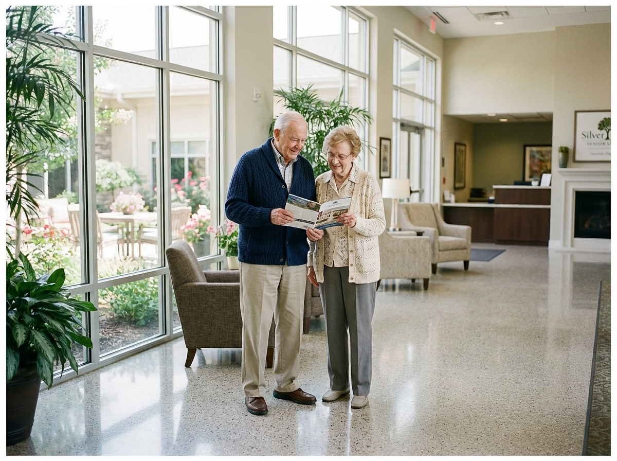 Couple agee examine brochure dans residence moderne