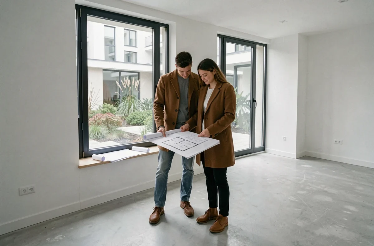 Jeune couple examinant des plans dans un appartement rénové en France lors d'une visite immobilière
