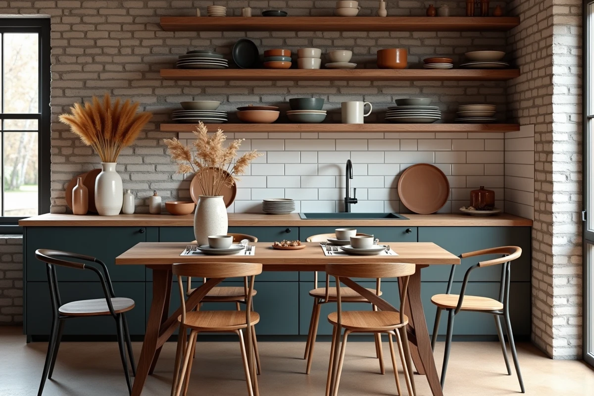 Cuisine et coin repas tendance avec étagères ouvertes, céramiques artisanales, table en bois recyclé et touches industrielles