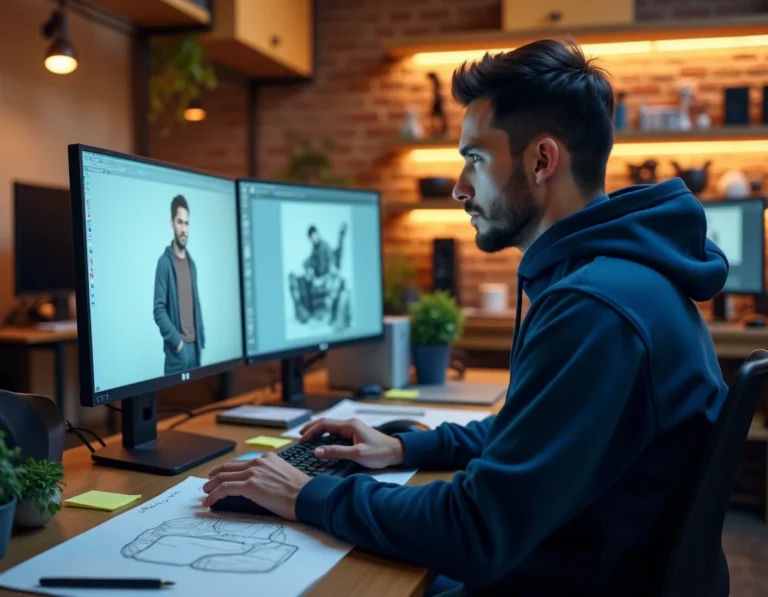 Designer de jeux vidéo travaillant sur un modèle 3D dans un studio numérique créatif