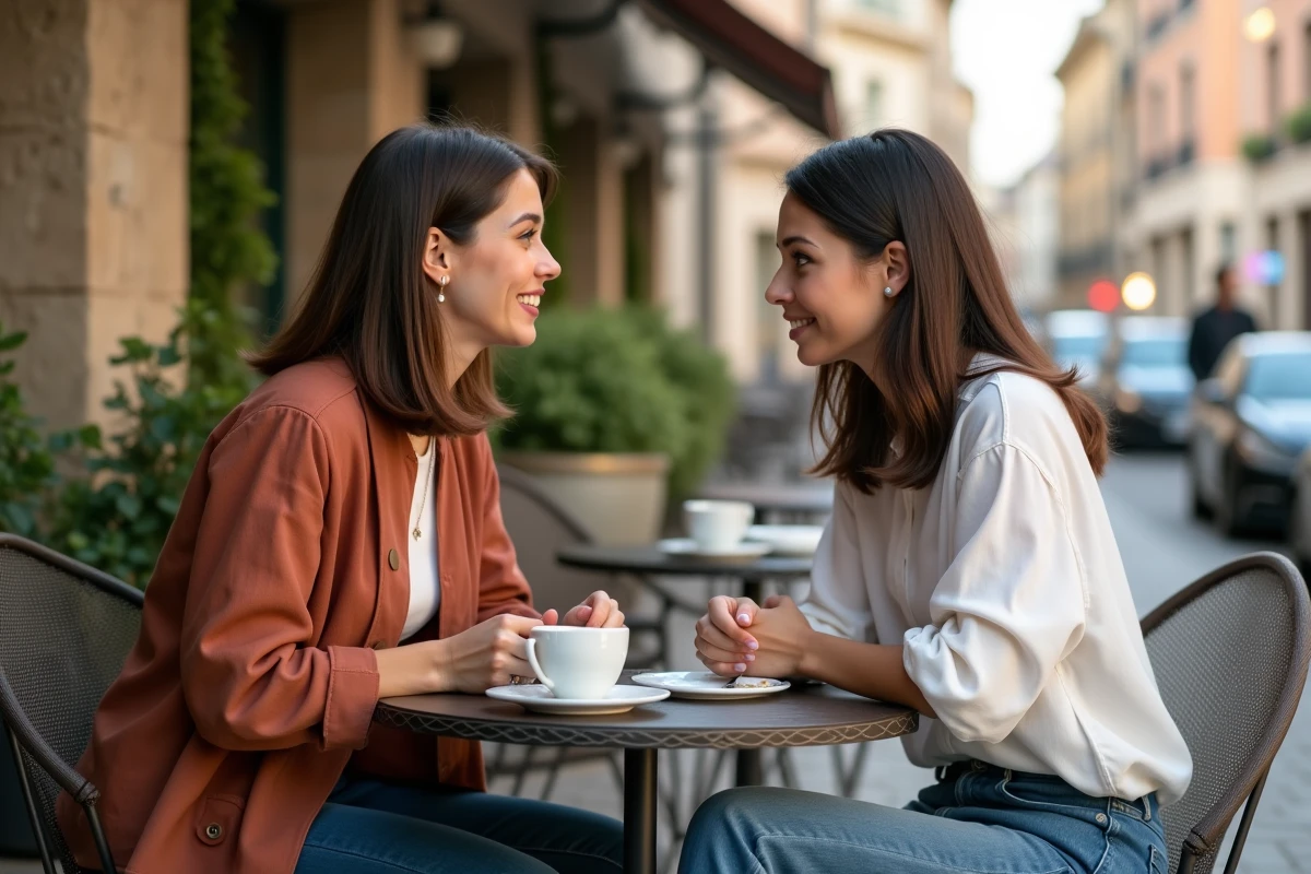 Two women discussing at a café terrace illustrating social support and the difference between isolation and chosen single parenthood