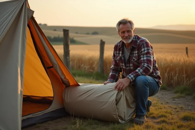 Homme installant une tente de camping sur un terrain agricole en bordure d'un champ de blé doré en France