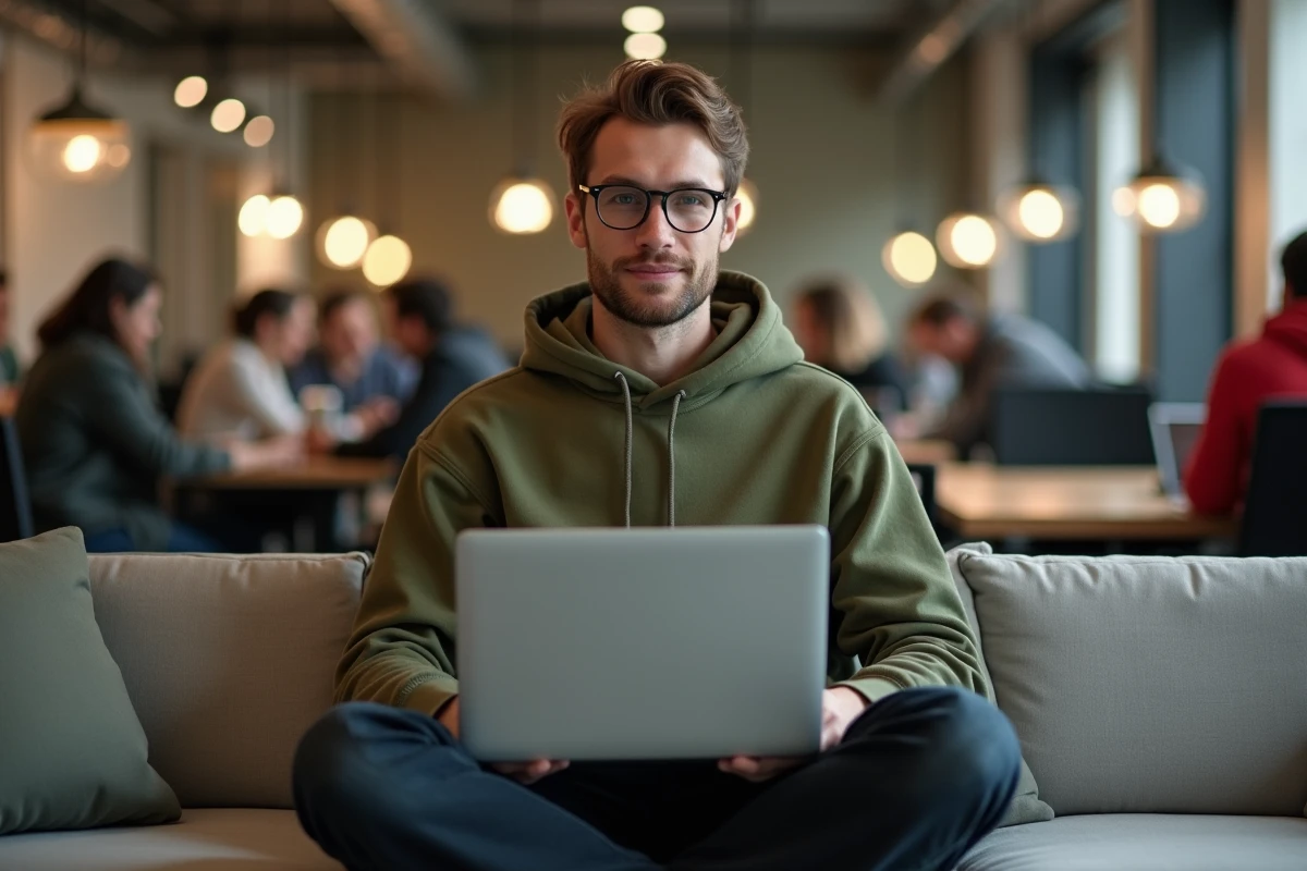Jeune entrepreneur gérant ses emails professionnels via IONOS Webmail depuis un espace de coworking moderne