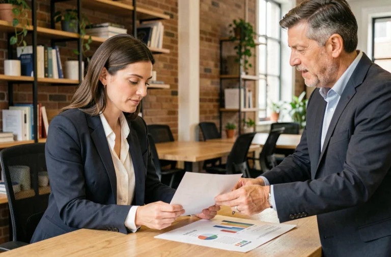 Entrepreneuse et conseiller d'affaires examinant un plan de croissance dans un espace de coworking moderne