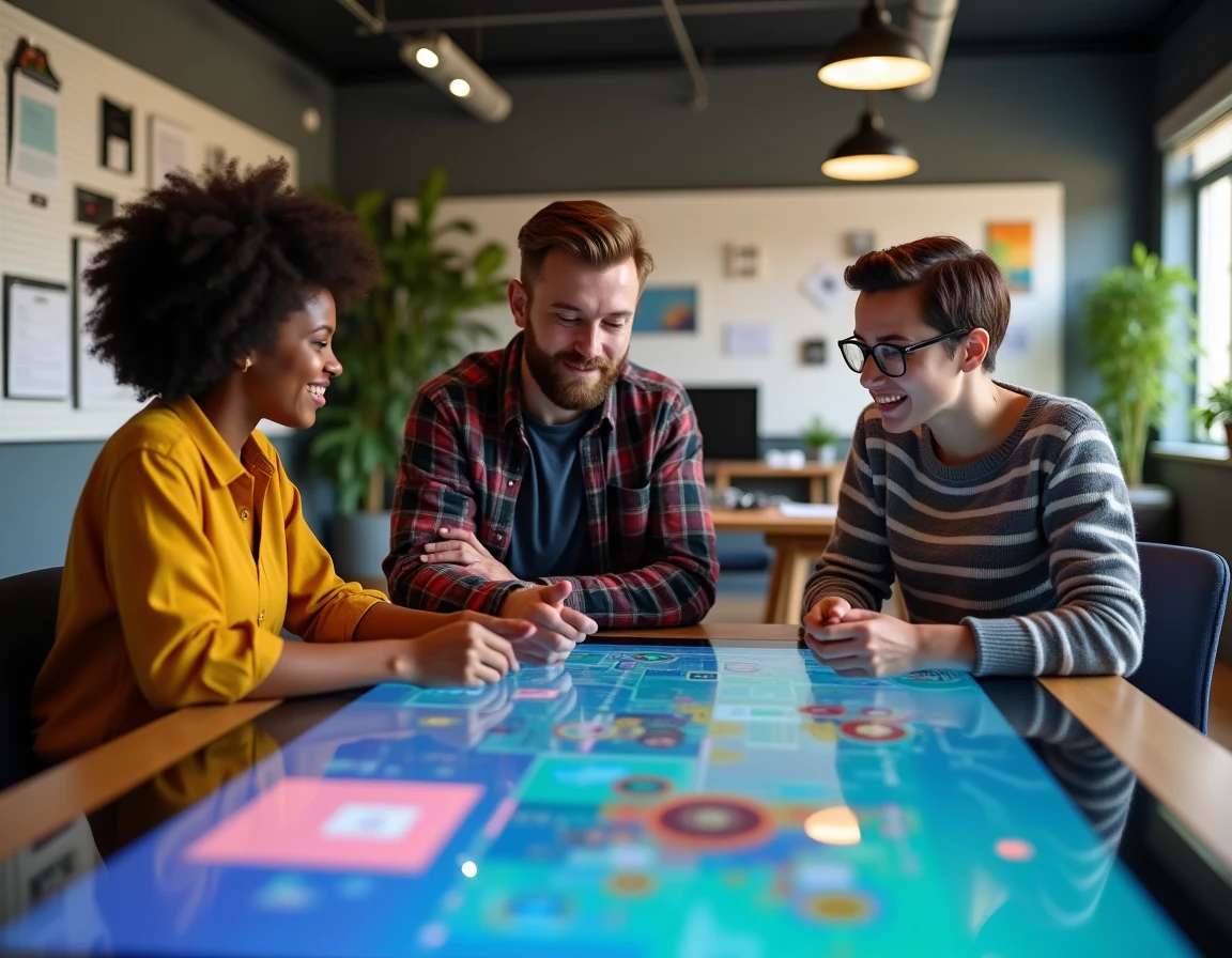 Équipe créative d'un studio de jeux numériques collaborant autour d'un prototype de jeu interactif