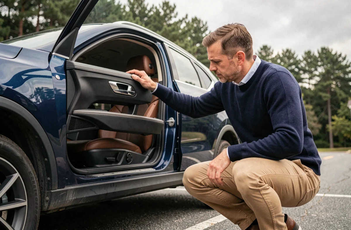 Homme inspectant l'intérieur d'un SUV compact lors d'un essai routier en extérieur