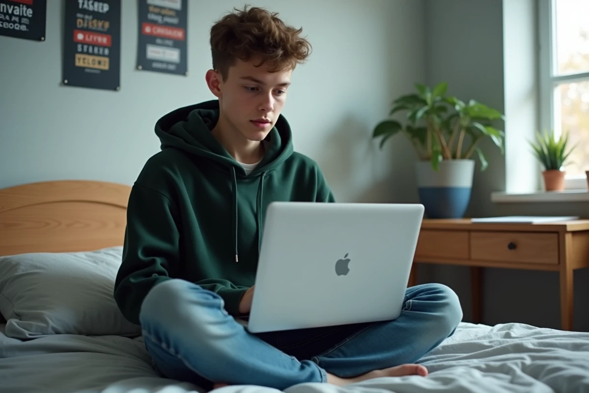 Étudiant téléchargeant des vidéos YouTube en format MP3 et MP4 sur ordinateur portable dans sa chambre