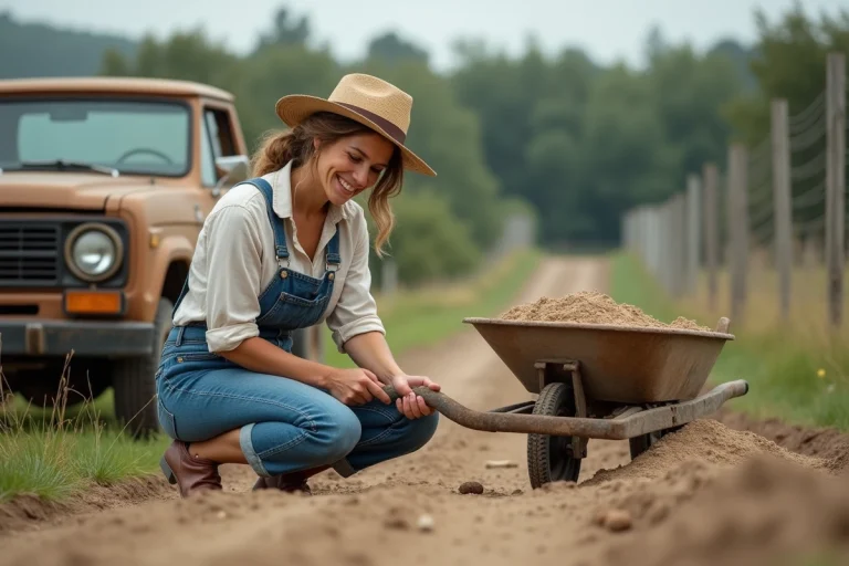 Femme en salopette et chapeau de paille près d'un camion en train de pelleter du sable
