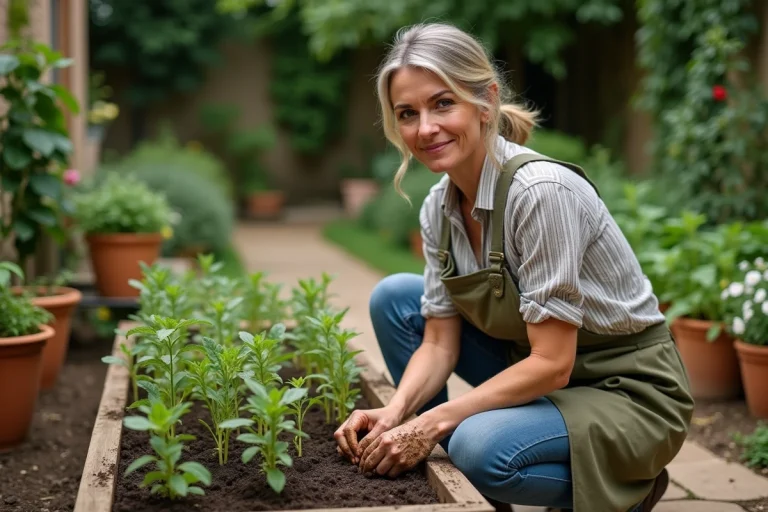 Femme jardinière transplantant des plants d'herbes aromatiques dans un potager surélevé en bois avec soin