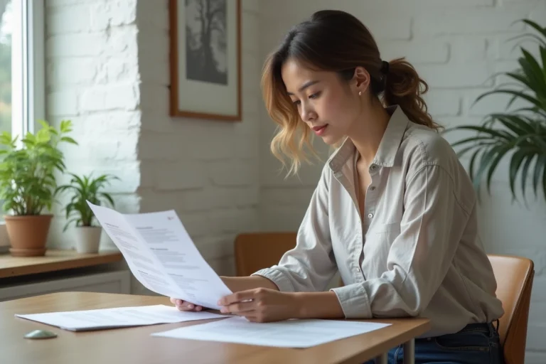 Jeune femme lisant des documents juridiques dans un bureau