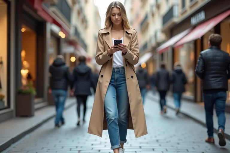Femme élégante en trench beige dans une ville européenne