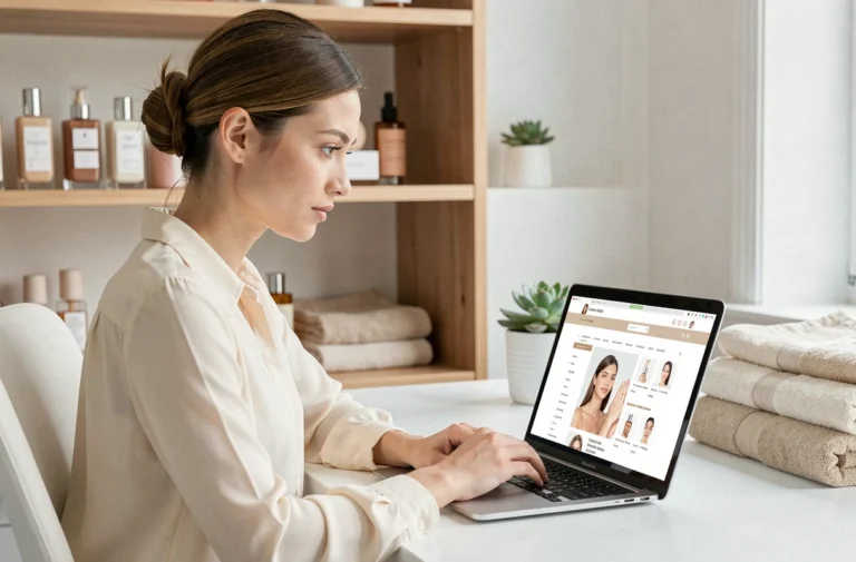 Femme consultant la page sitemap d'un site beauté sur un ordinateur portable dans un bureau home office minimaliste