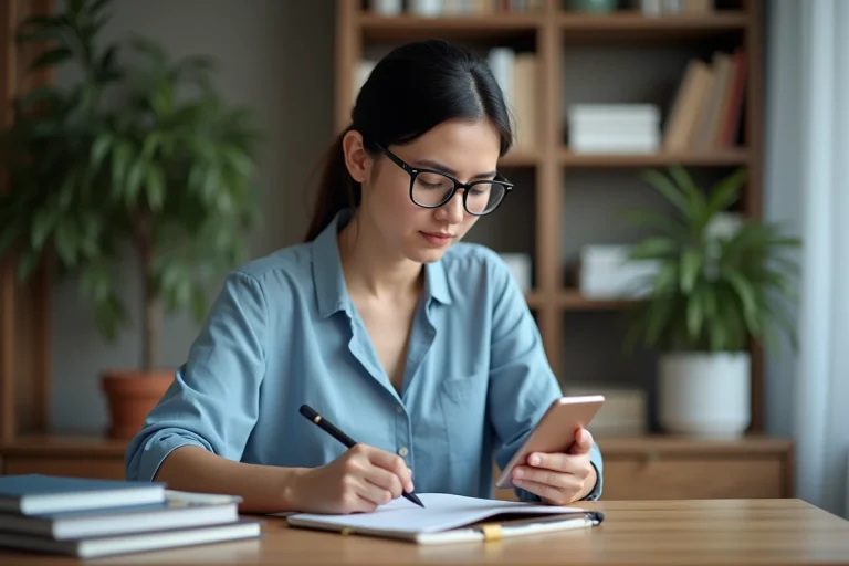Femme concentrée utilisant son smartphone dans un bureau cosy