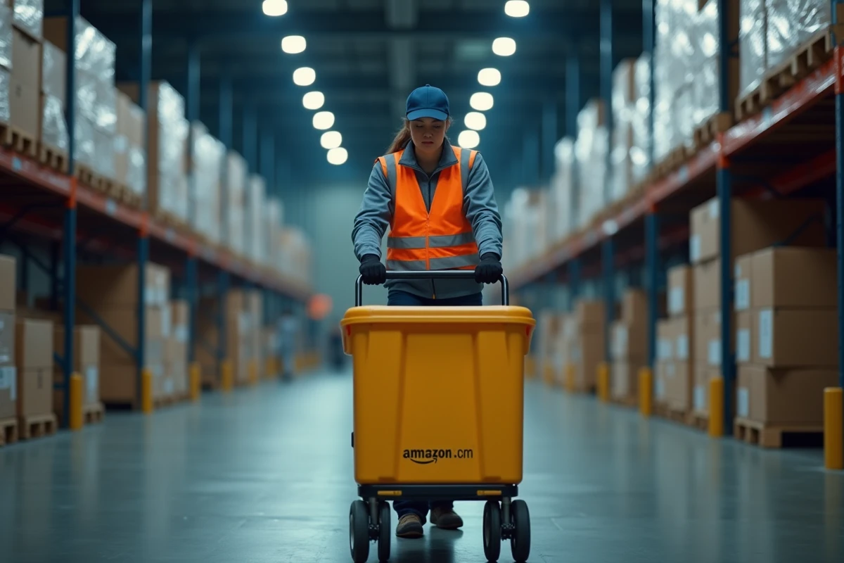 Femme préparatrice de commandes Amazon poussant un chariot de colis dans un entrepôt logistique la nuit