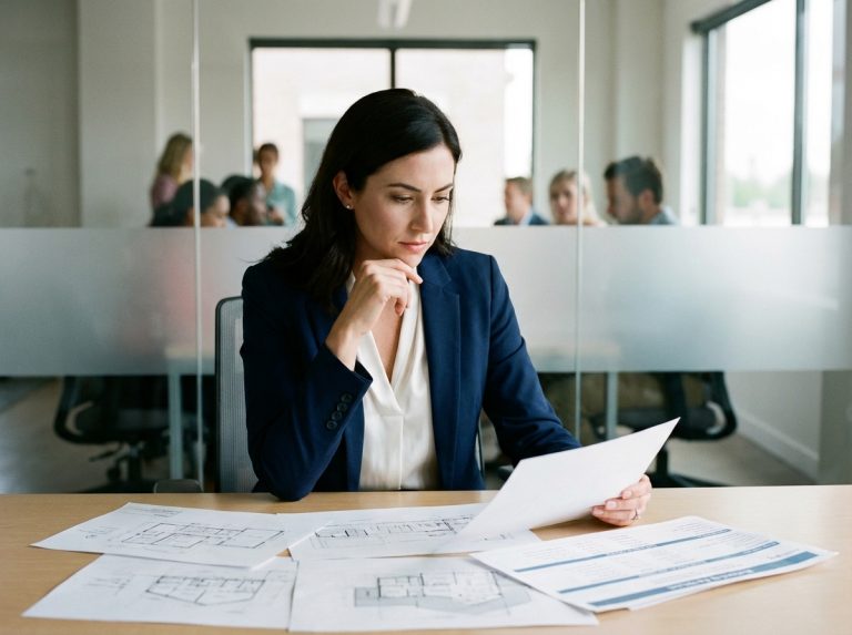Femme d affaires en bureau moderne lors de la revue de documents