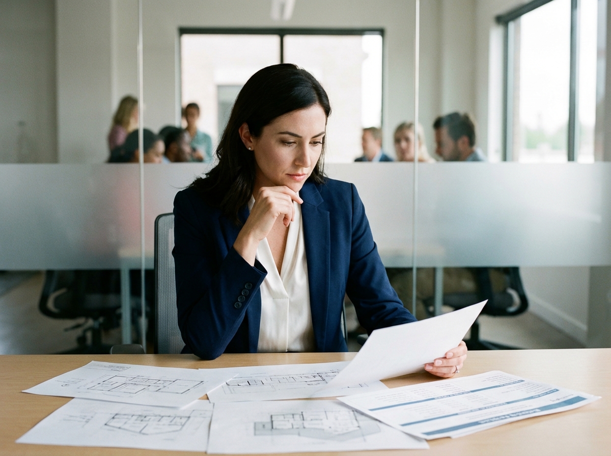 Femme d affaires en bureau moderne lors de la revue de documents