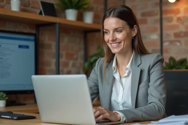 Femme professionnelle gérant ses emails via une interface webmail sur un ordinateur portable dans un bureau moderne