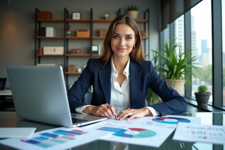 Femme professionnelle en blazer bleu travaillant sur un ordinateur
