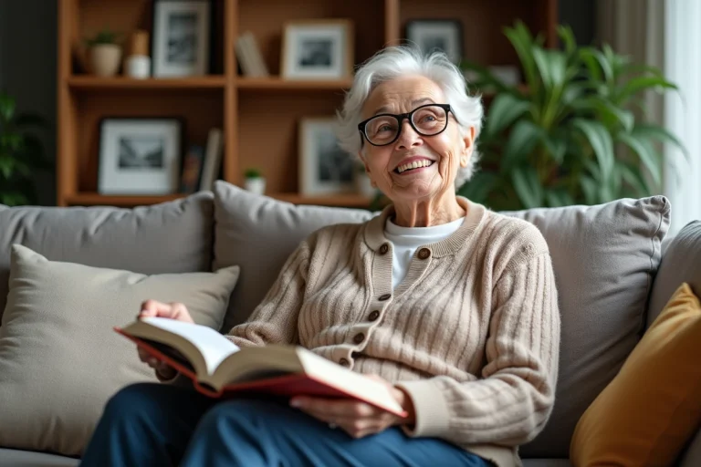Femme senior souriante lisant un livre dans un salon chaleureux