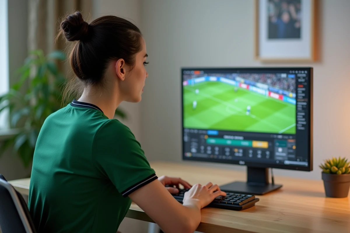 Une jeune femme regardant un match de football en streaming sur son ordinateur portable