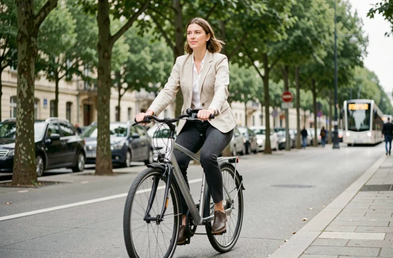 Femme en vélo de ville dans une rue urbaine européenne entourée de platanes et de voitures garées
