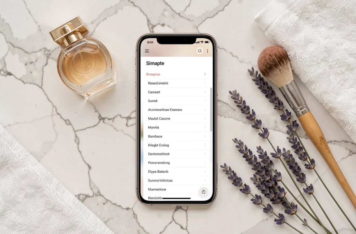 Flat-lay minimaliste d'un smartphone affichant la page sitemap d'un site beauté entouré d'accessoires cosmétiques