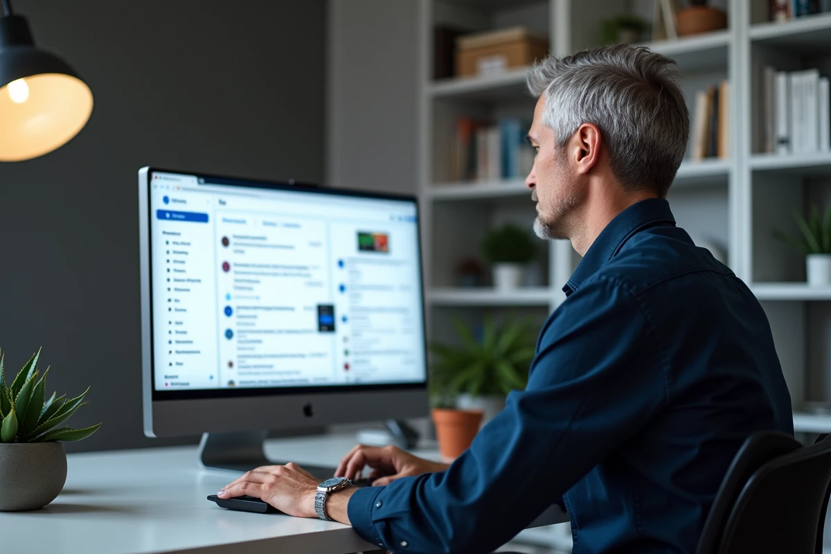 Homme d'affaires consultant son interface 1&1 Webmail IONOS sur un grand écran de bureau dans un bureau à domicile épuré