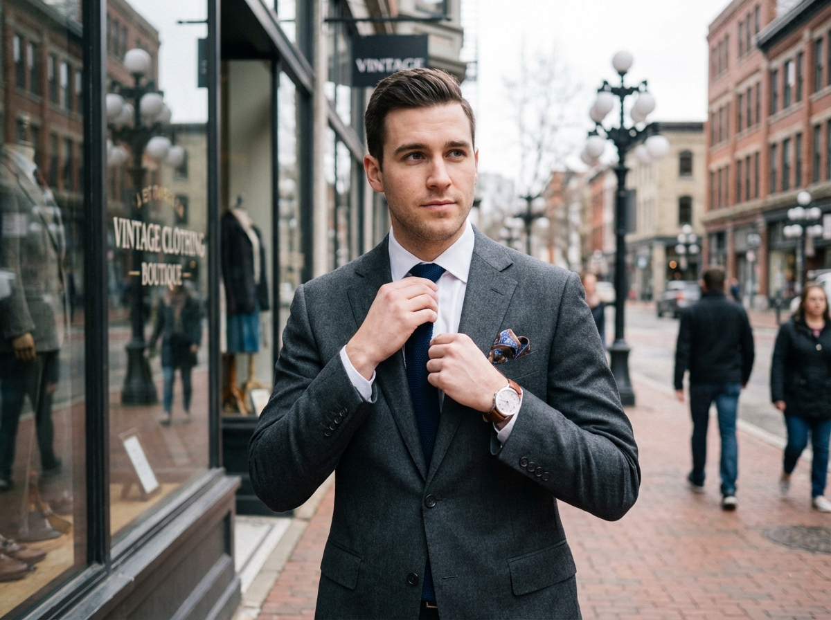 Jeune homme en costume ajusté ajustant sa cravate en ville